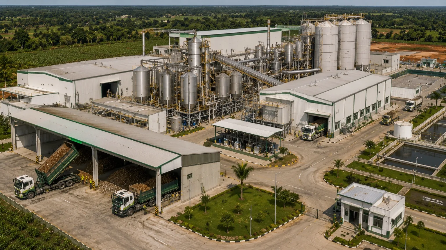 Conceptual rendering of the AgroGlobal ICPI processing plant with root intake, process halls and storage silos